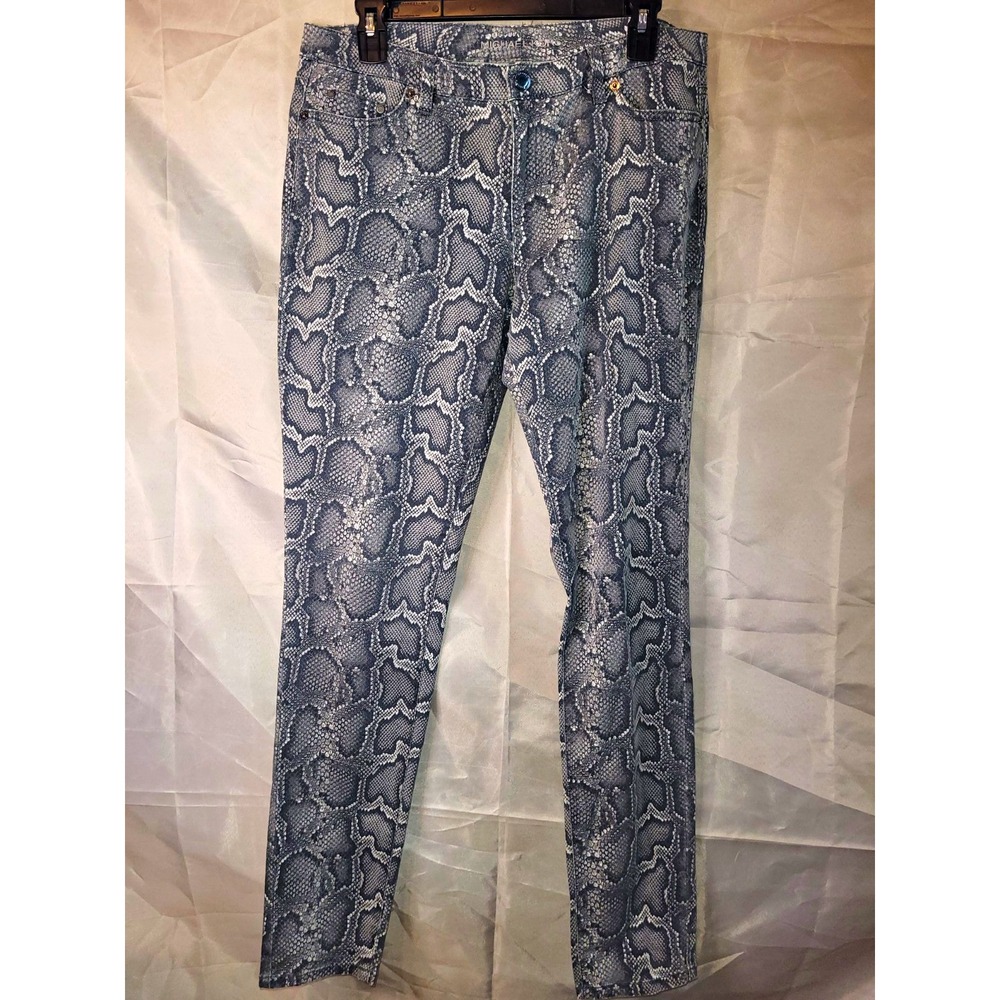 Michael Kors Women's Gray Snake Print Denim Pants Flat Front Skinny Slim 31"